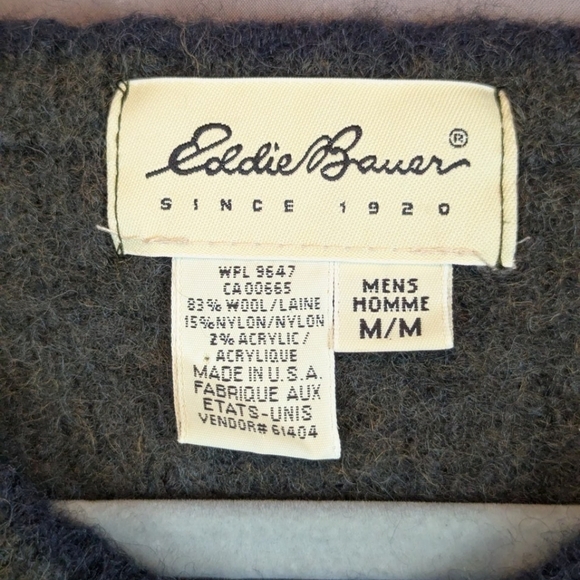 Eddie Bauer medium 83% wool men's V-Neck sweater in olive green, navy, rust - Picture 3 of 10